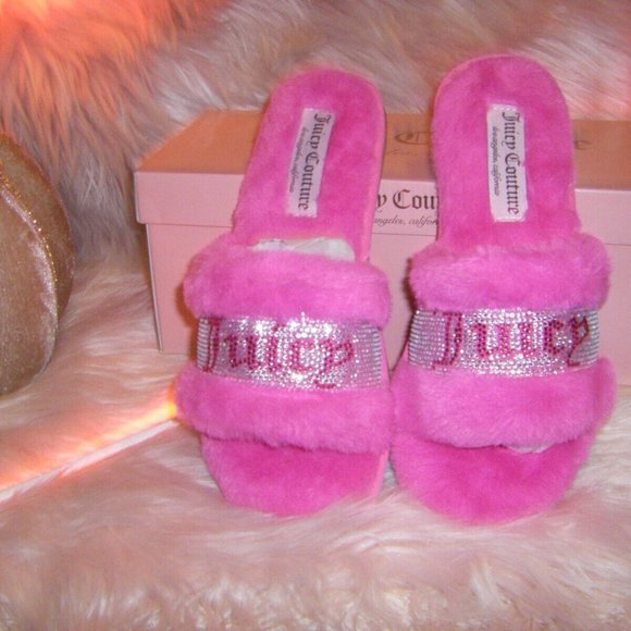 Juicy Couture Slide Slippers Faux Fur Crystals Gravity Pink Women's Sizes - Picture 6 of 15